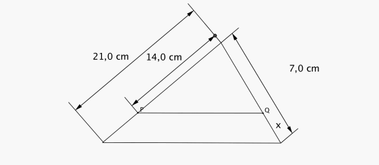 En stor trekant der den lengste siden er 21,0 cm og den korteste er 7,0 cm. Trekanten deles av et linjestykket PQ som er parallellt med den ene siden i treaknten. Fra Q til trekantets hjørne er x. Fra P til trekantets hjørnet er 14,0 cm.